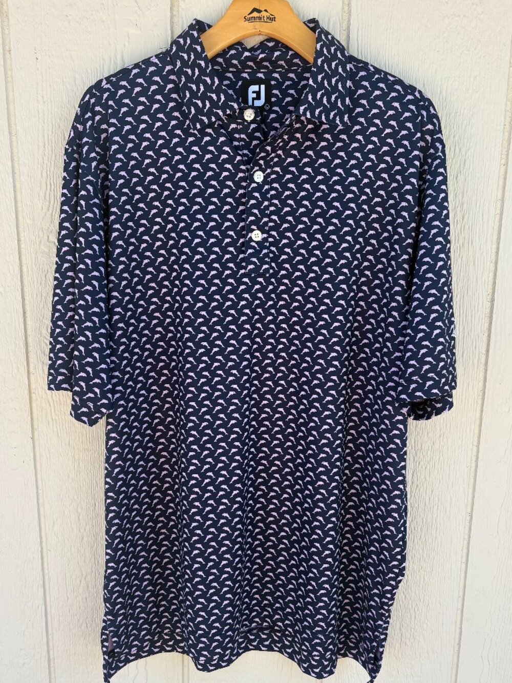 Footjoy Golf Lisle Polo Shirt Men's Large Navy Blue Dolphin AOP Summer Preppy